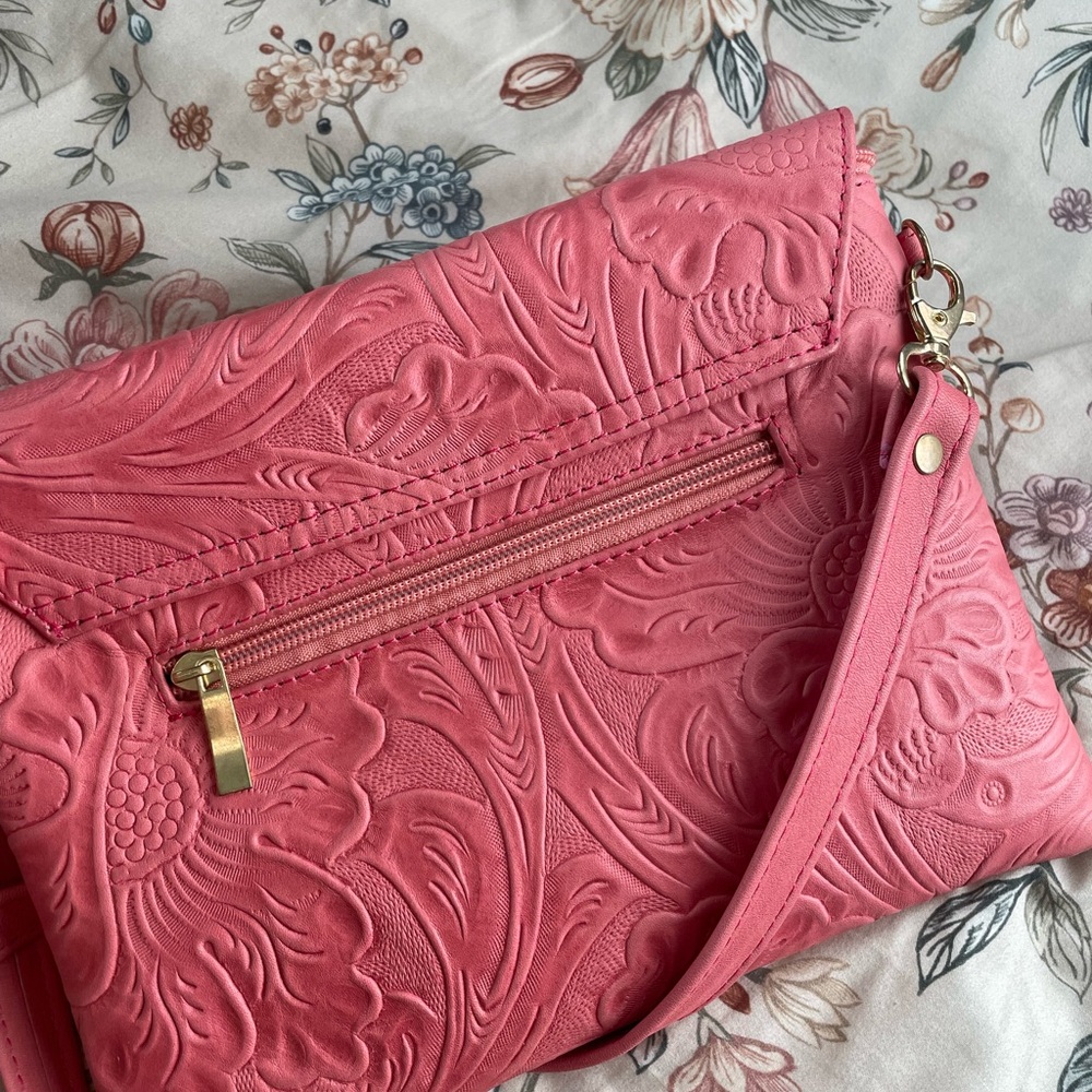 Leather Pink Floral Embossed Crossbody Bag - Picture 2 of 4